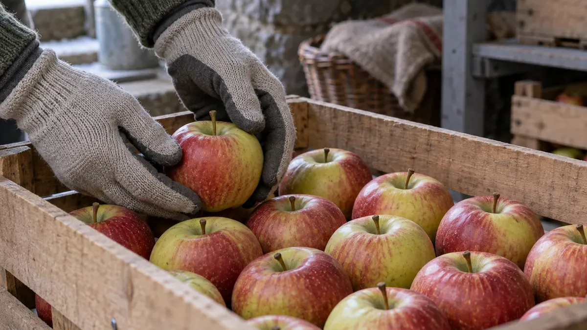 Eine unbeschädigte Apfelfrucht wird vorsichtig in eine flache Holzkiste gelegt.
