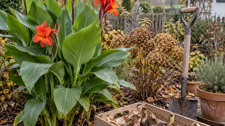 Blühendes Blumenrohr und eine Kiste für die Überwinterung der Canna-Rhizome