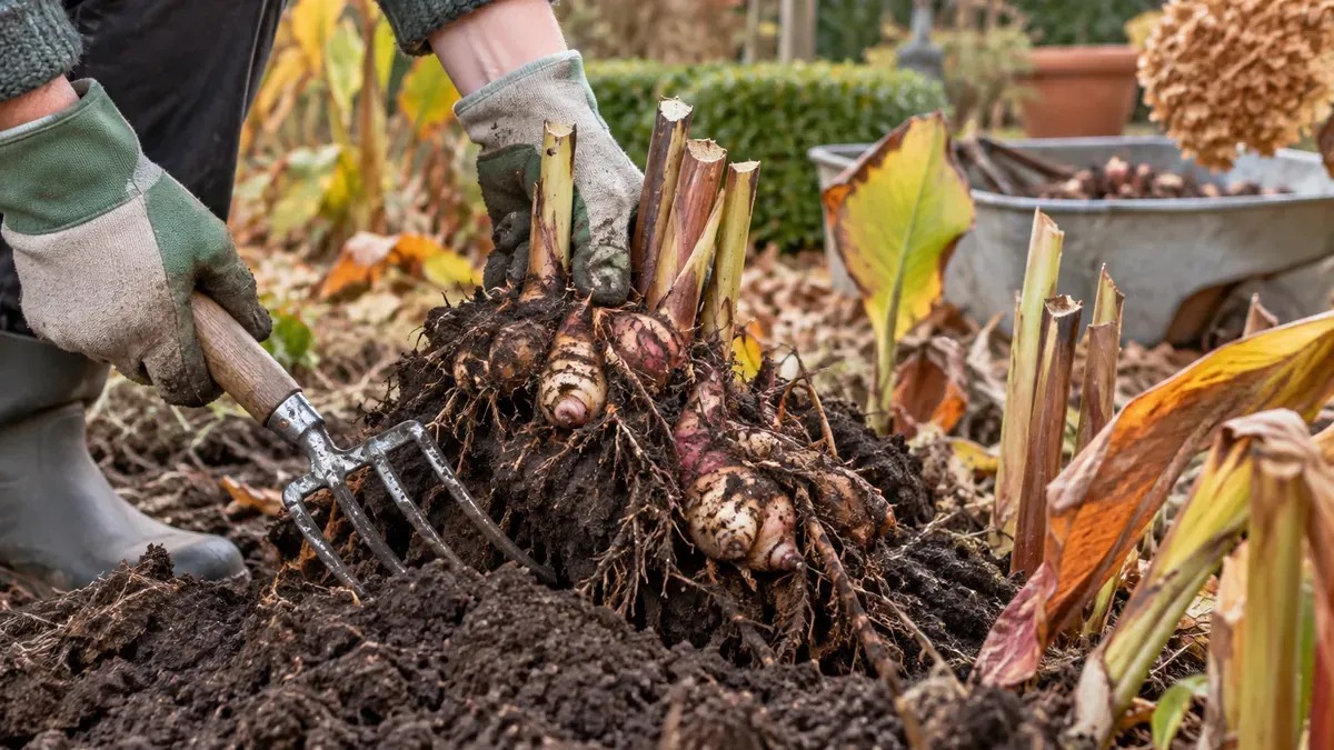 Canna-Rhizom nach dem ersten Frost vorsichtig aus der Erde heben