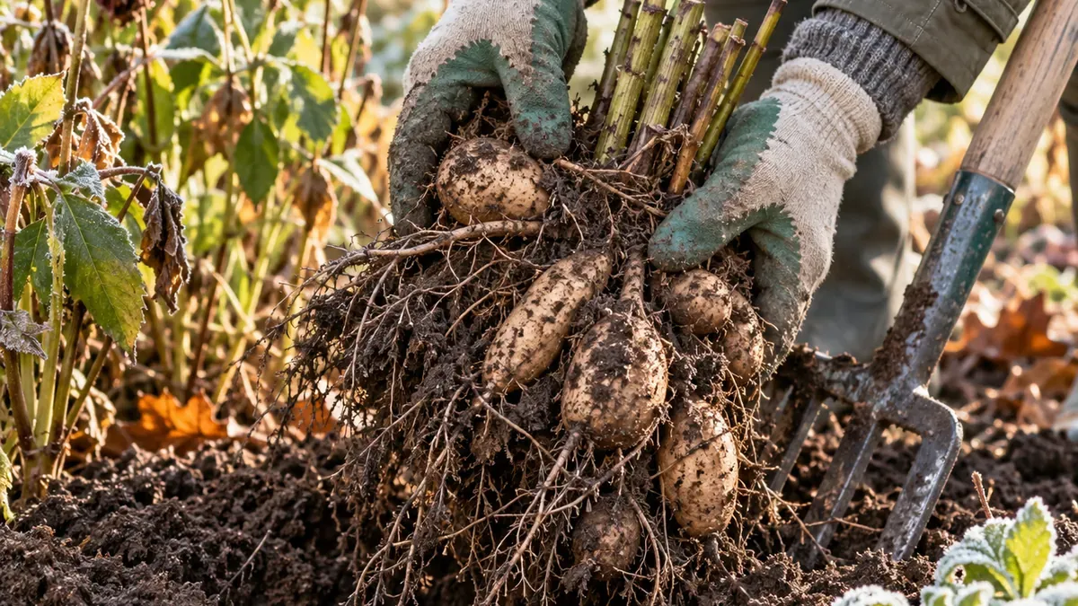 Eine Dahlienknolle wird vorsichtig mit der Grabegabel aus der Erde gehoben.