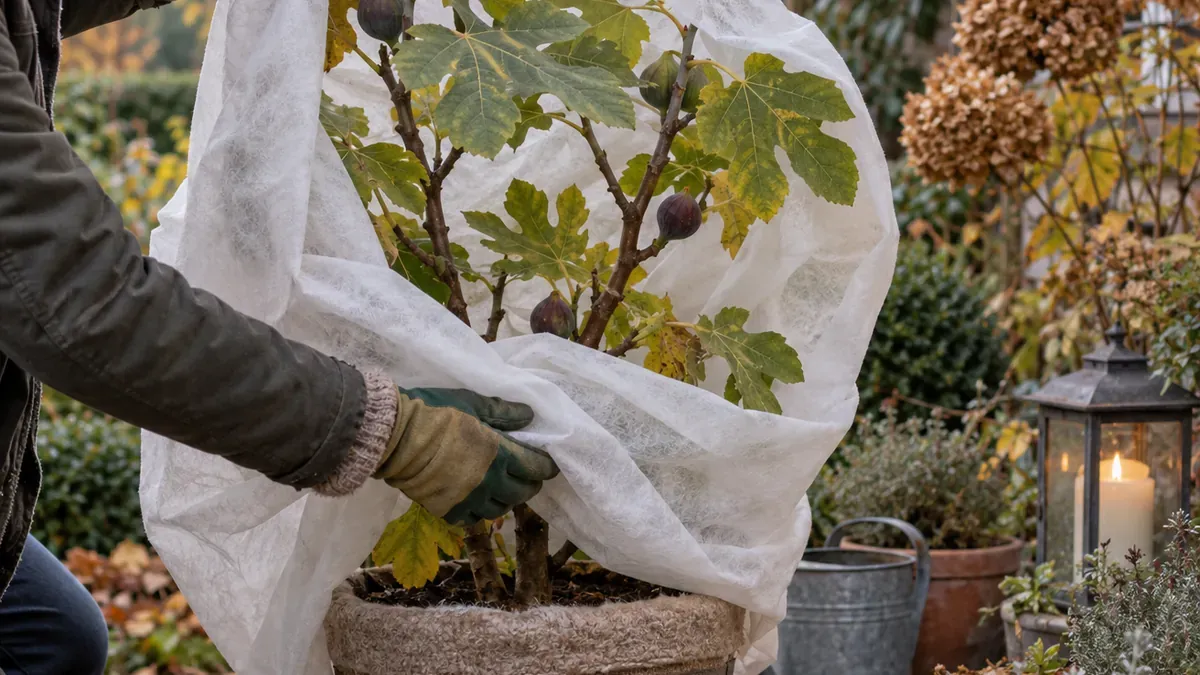 Ein Feigenbaum im Kübel wird mit atmungsaktivem Vlies für den Winter geschützt.