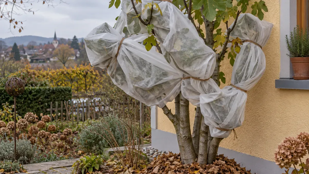Ausgepflanzter Feigenbaum mit Mulch und Vlies neben einer Hauswand im Herbst