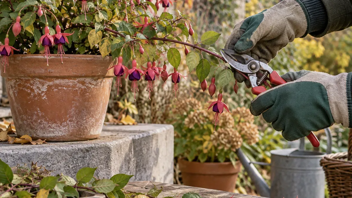Eine Fuchsie wird vor dem Einräumen ins Winterquartier zurückgeschnitten.