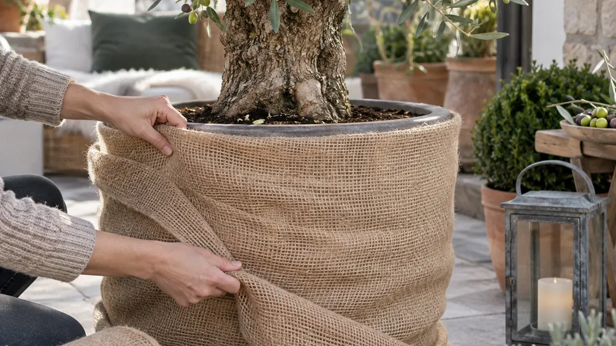 Ein Olivenbaum im Kübel wird vor dem Winter mit Jute am Topf geschützt.