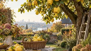 Reife goldgelbe Quitten an einem Baum im herbstlichen Garten.