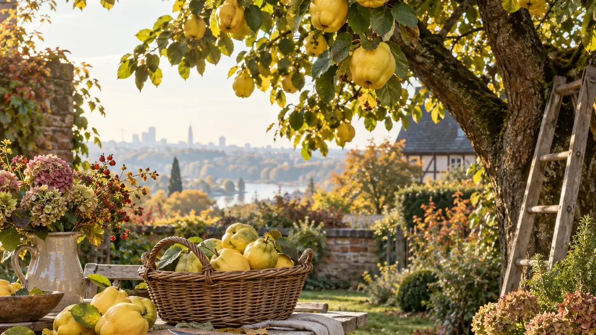Reife goldgelbe Quitten an einem Baum im herbstlichen Garten.