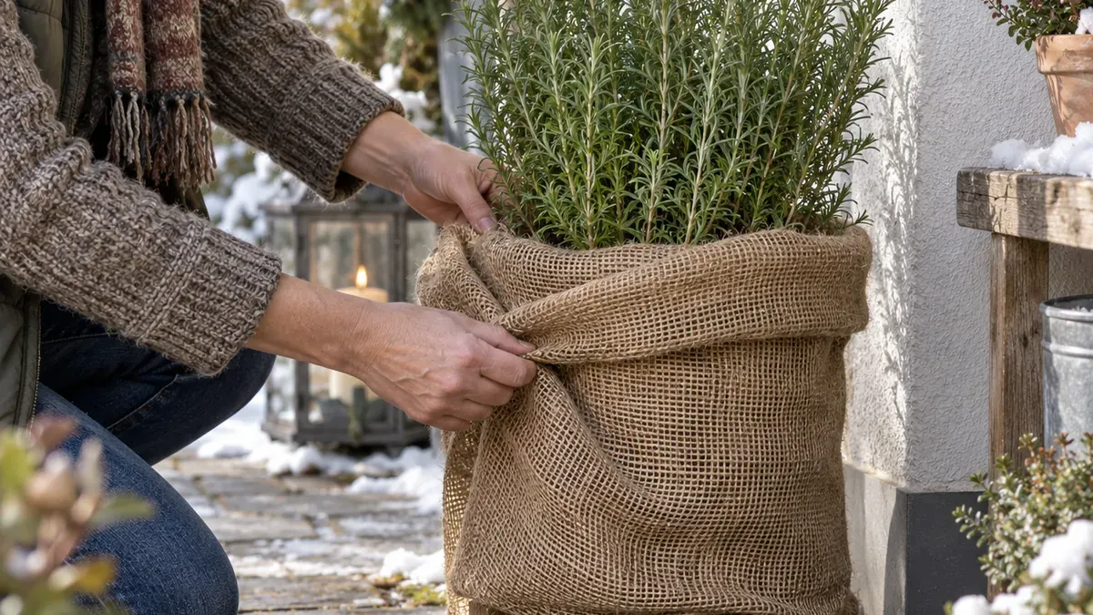 Rosmarin im Topf mit Jute und Abstand zum kalten Boden schützen