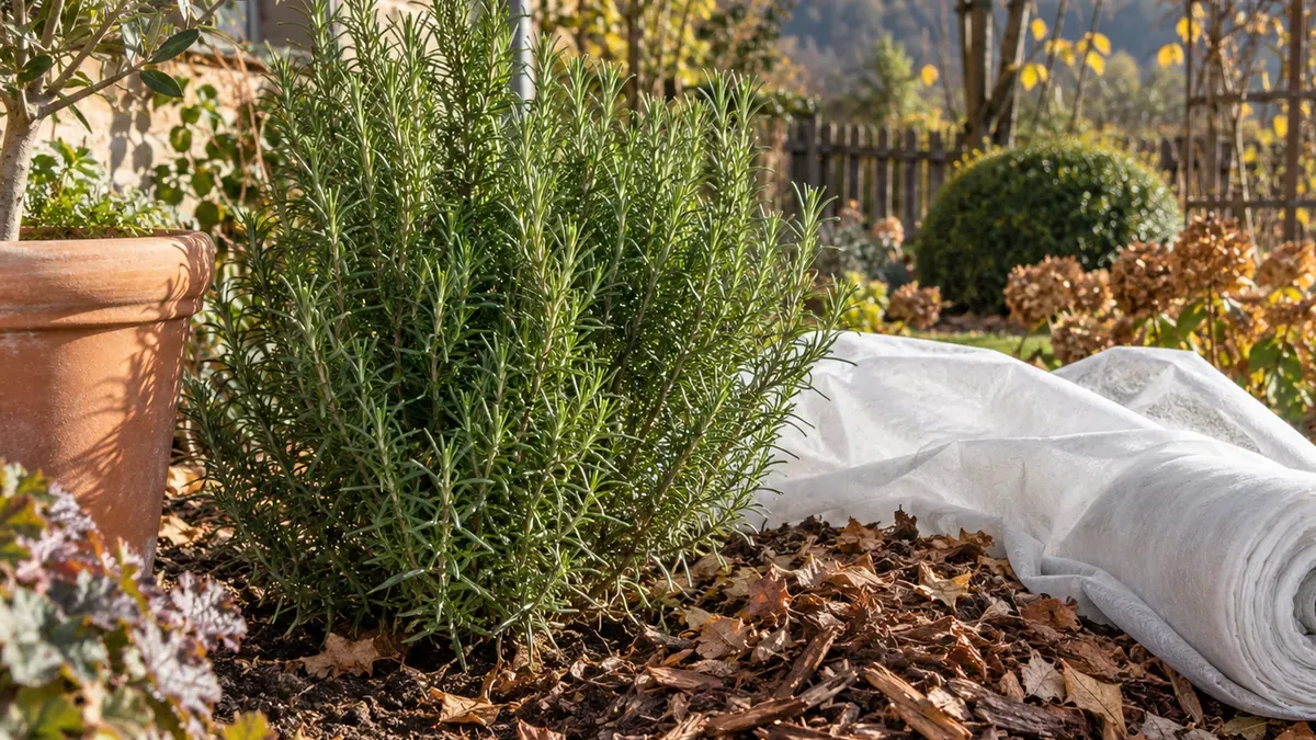 Rosmarinstrauch im Beet mit vorbereitetem Winterschutz