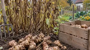 Frisch geerntete Topinamburknollen neben einer Pflanze im herbstlichen Gartenbeet