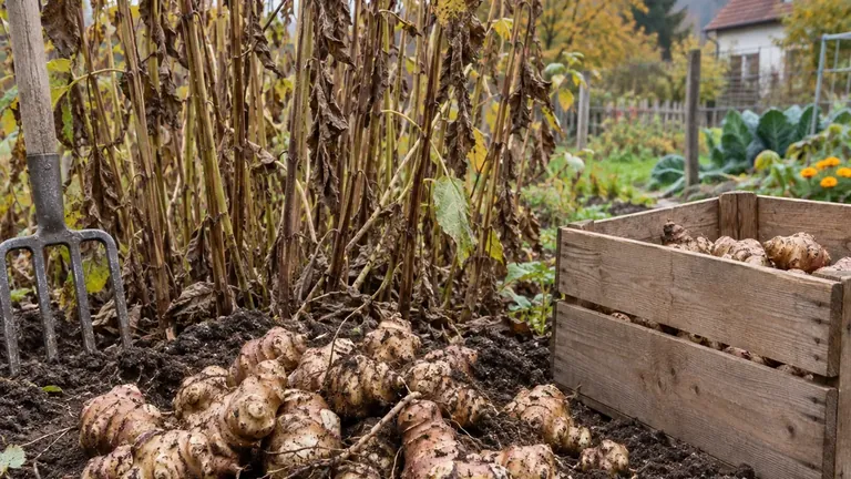 Frisch geerntete Topinamburknollen neben einer Pflanze im herbstlichen Gartenbeet