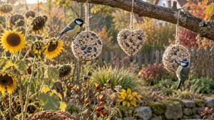 Selbst gemachte Meisenknödel hängen ohne Plastiknetz an einem Ast im Herbstgarten.