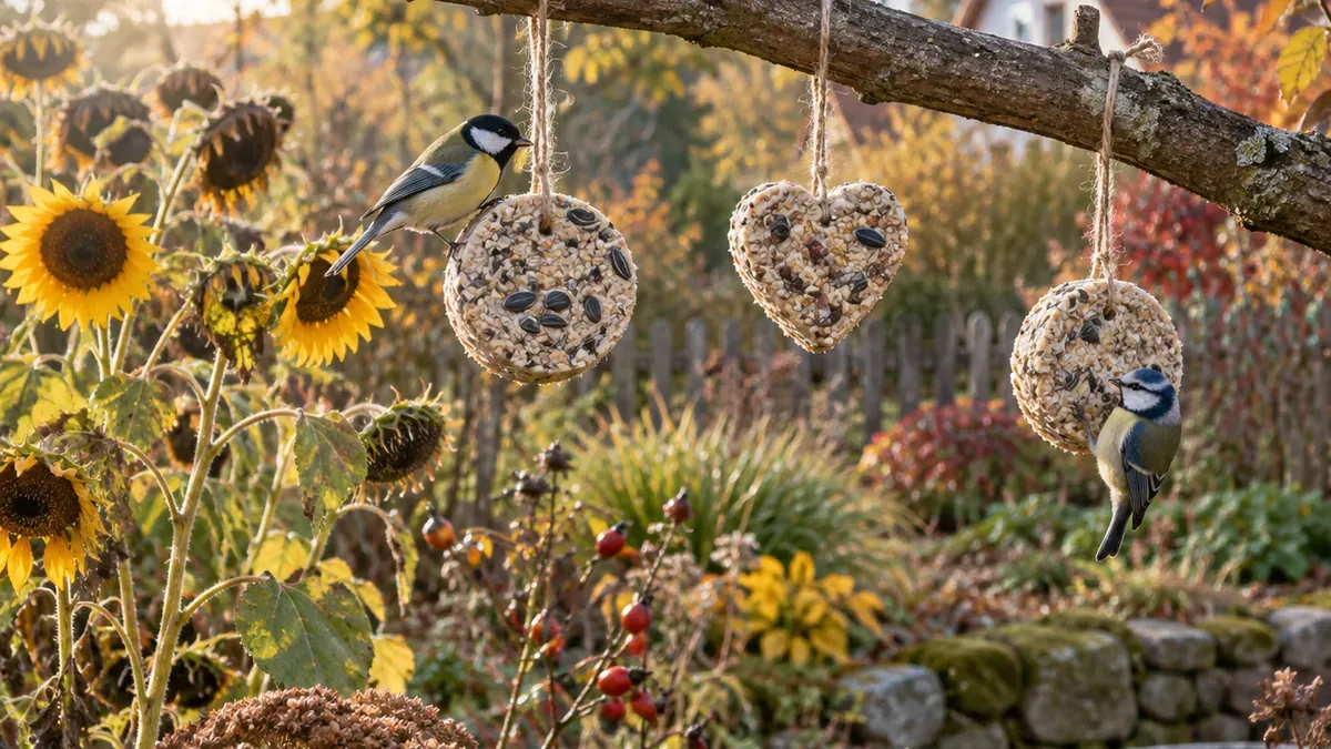 Selbst gemachte Meisenknödel hängen ohne Plastiknetz an einem Ast im Herbstgarten.