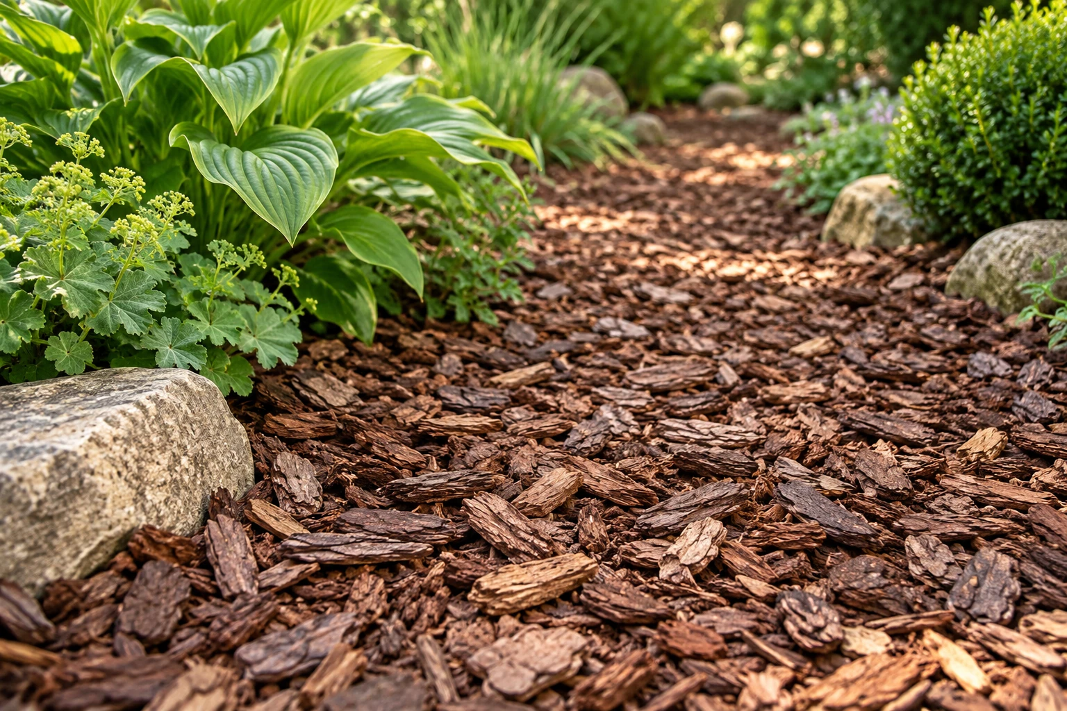Gartenweg mit dunkelbraunem Rindenmulch, umgeben von Hostas, Steinen und grünem Bewuchs