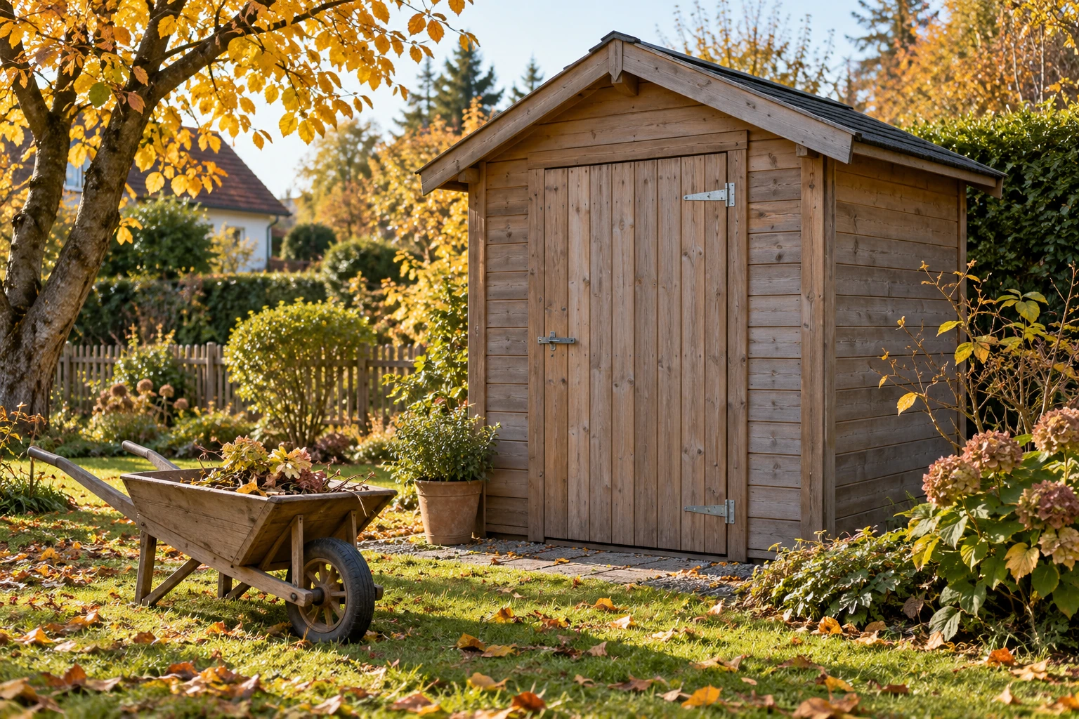 Holz-Gartenschuppen im Herbstgarten, Schubkarre, Topfpflanze und Laub bedeckt den Rasen