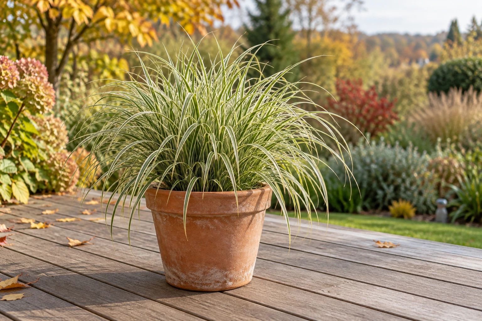 Topf mit variegatem Ziergras auf Holzterrasse vor herbstlichem Garten und weichem Licht
