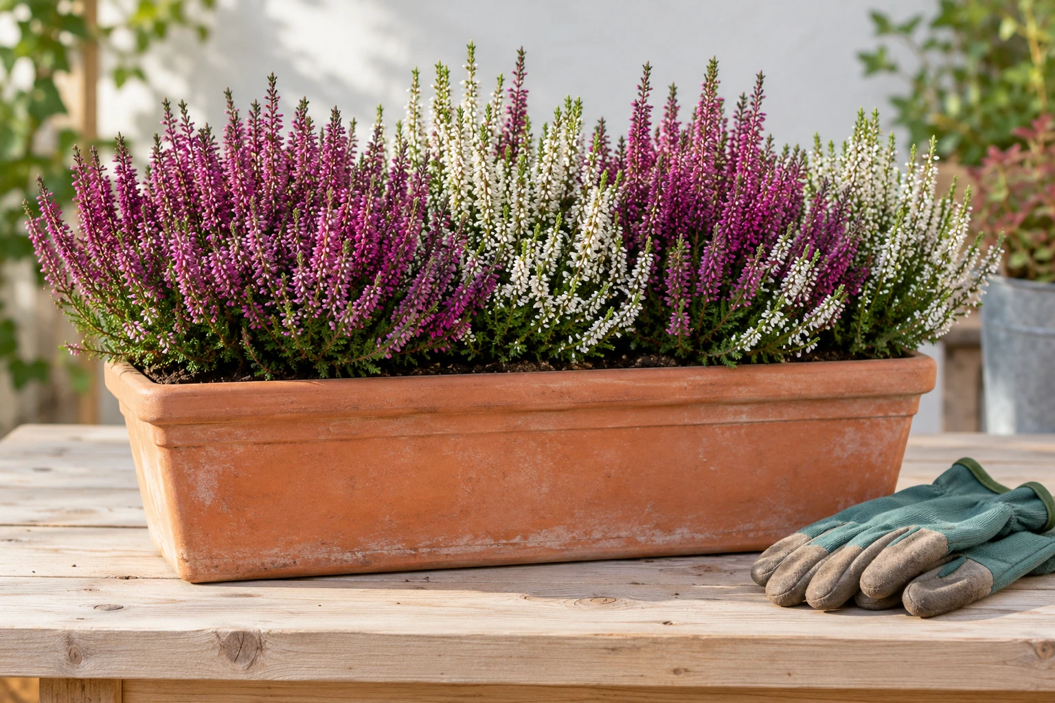 Terrakotta-Kasten mit rosa und weißer Heide auf Holztisch, Gartenhandschuhe daneben