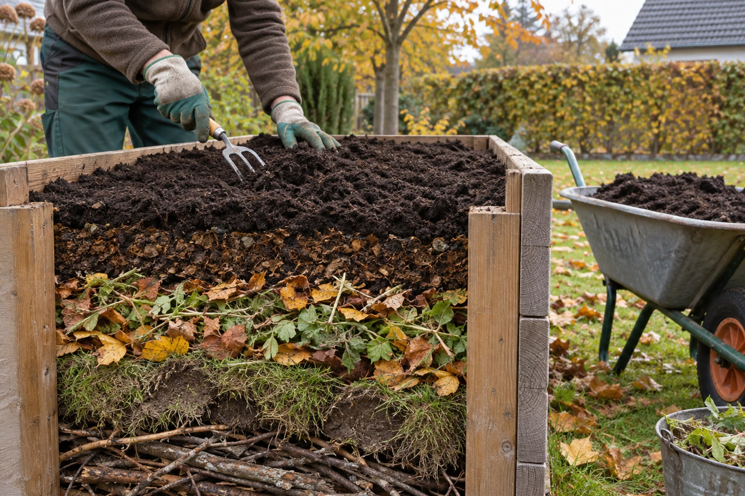 Person mit Handschuhen verteilt Kompost und Erde in einem Holz-Hochbeet im Garten