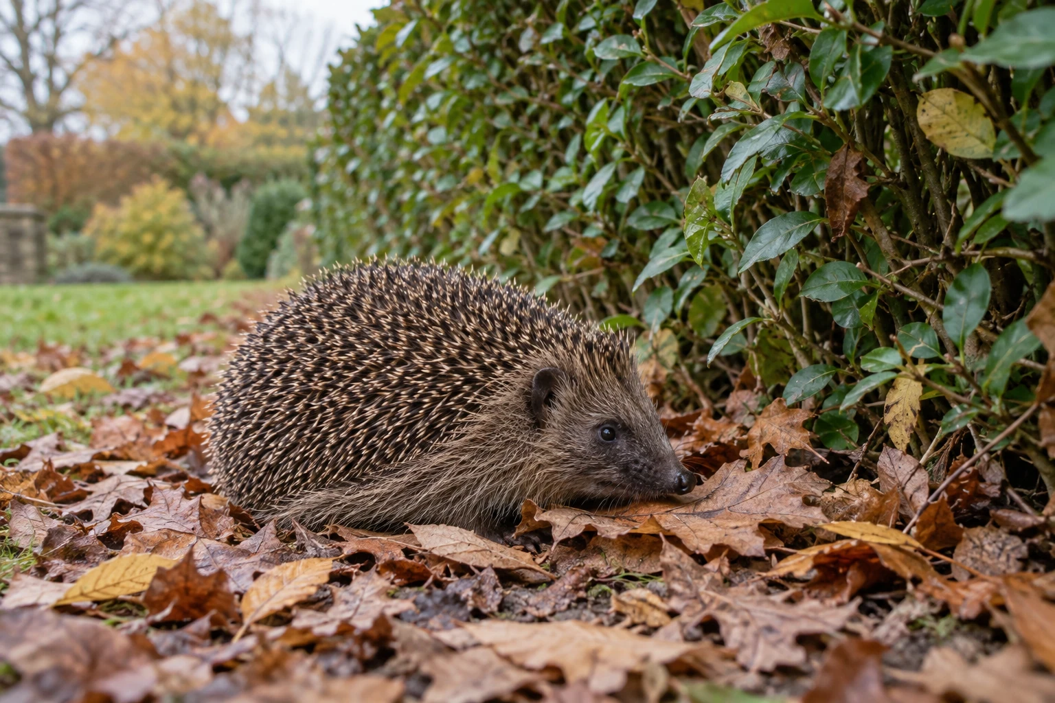 Igel zwischen Herbstlaub am Gartenrand neben immergrünem Heckenstrauch