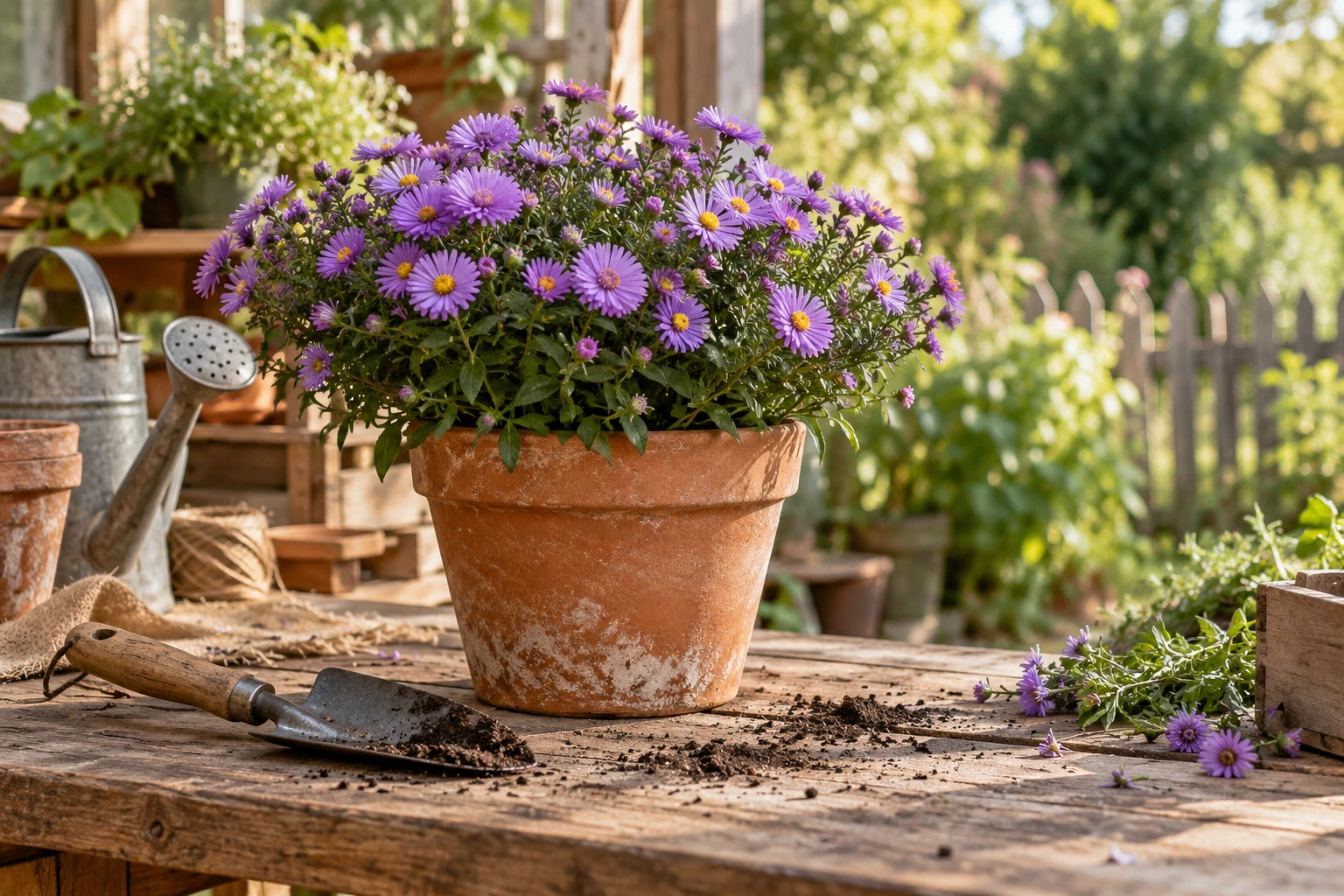 Topf mit violetten Herbstastern auf Werkbank, Schaufel, Gießkanne und Erde sichtbar