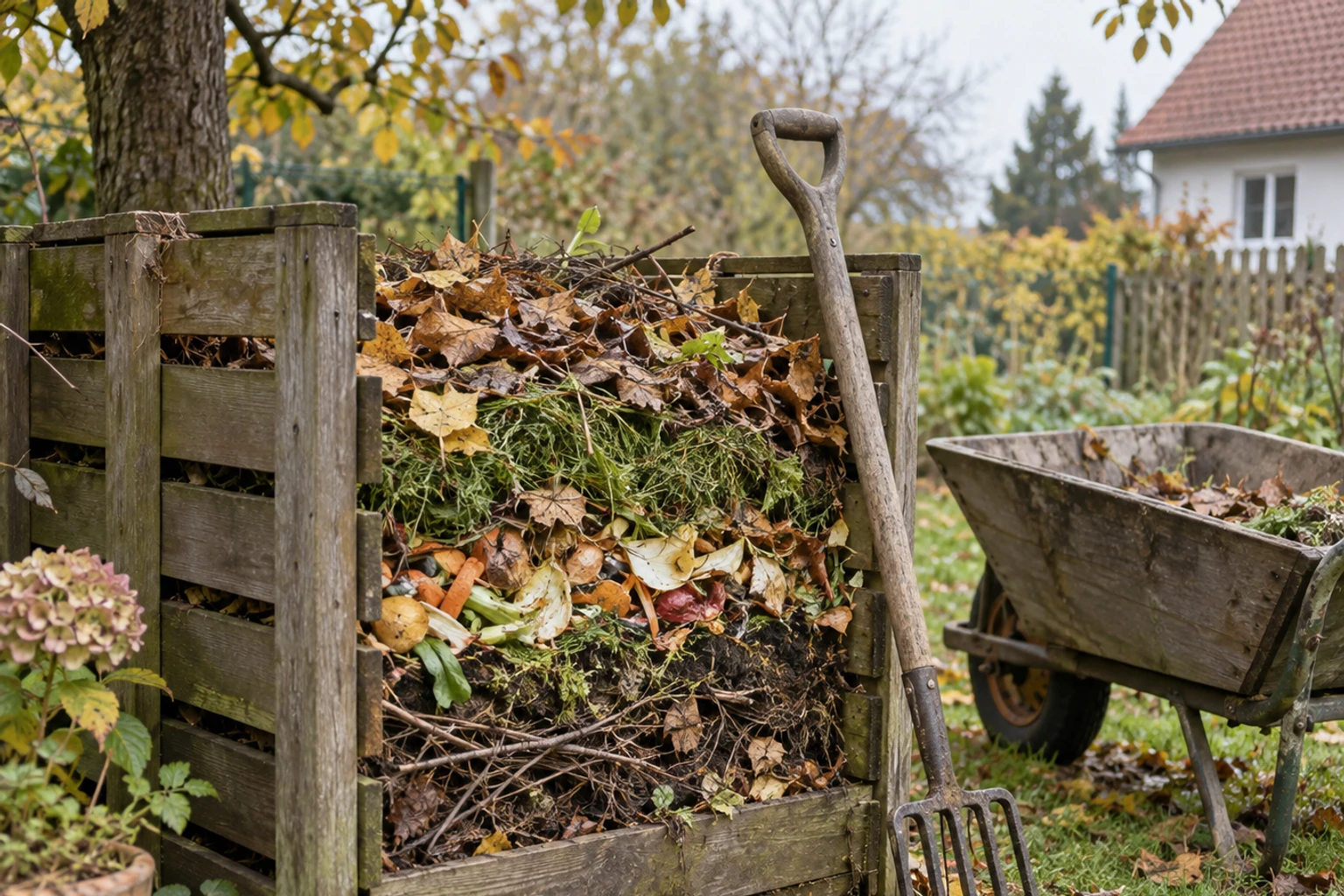 Holzgitter-Komposter gefüllt mit Laub und Gartenabfällen, Heugabel und Schubkarre daneben