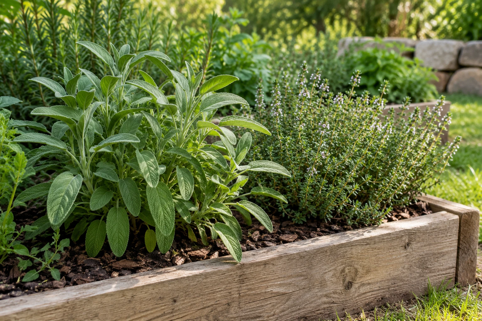 Hochbeet mit Salbei und Thymian, Holzumrandung, Mulch und sonniger Gartenszene