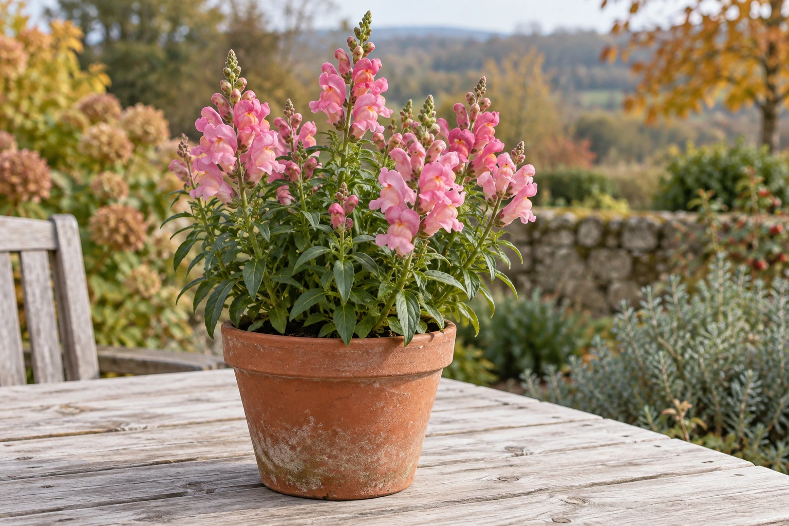 Rosa Löwenmäulchen in Terrakotta-Topf auf Holztisch, herbstliche Gartenlandschaft im Hintergrund