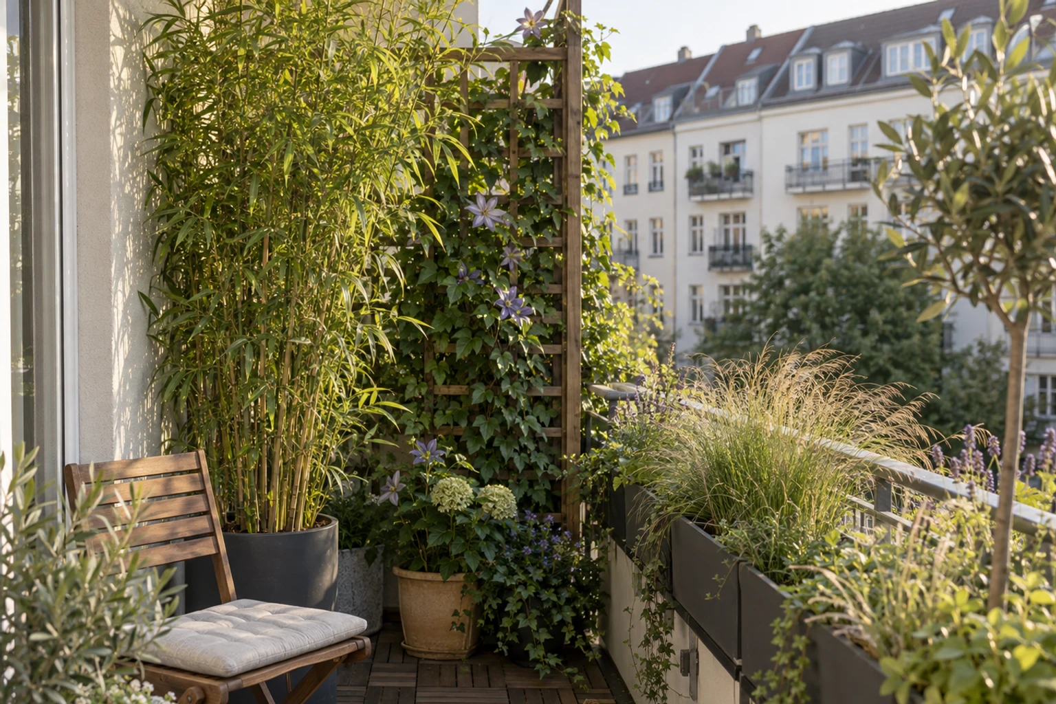 Balkon mit hohen Topfpflanzen, Rankgitter, Sitzstuhl und Blumenkästen als Sichtschutz