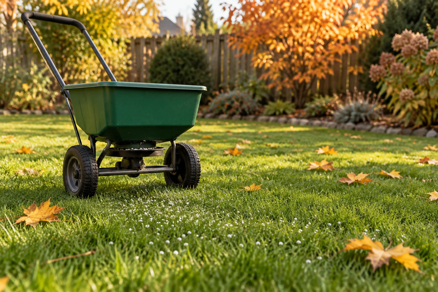 Streuwagen auf grüner Rasenfläche mit Herbstlaub und warmem Abendlicht