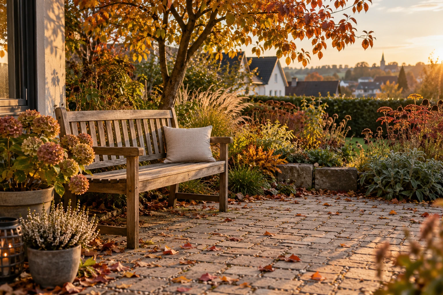 Holzbank mit Kissen auf herbstlicher Terrasse, Laub, Topfpflanzen und Abendsonne