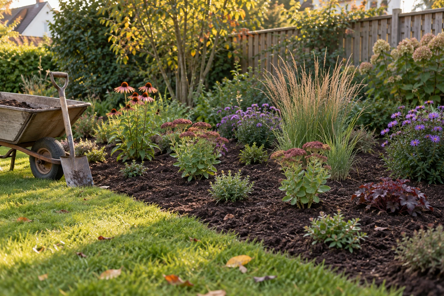 Gartenbeet mit frisch angelegtem Staudenbeet, Schubkarre, Spaten und Pflanzen in Abendlicht