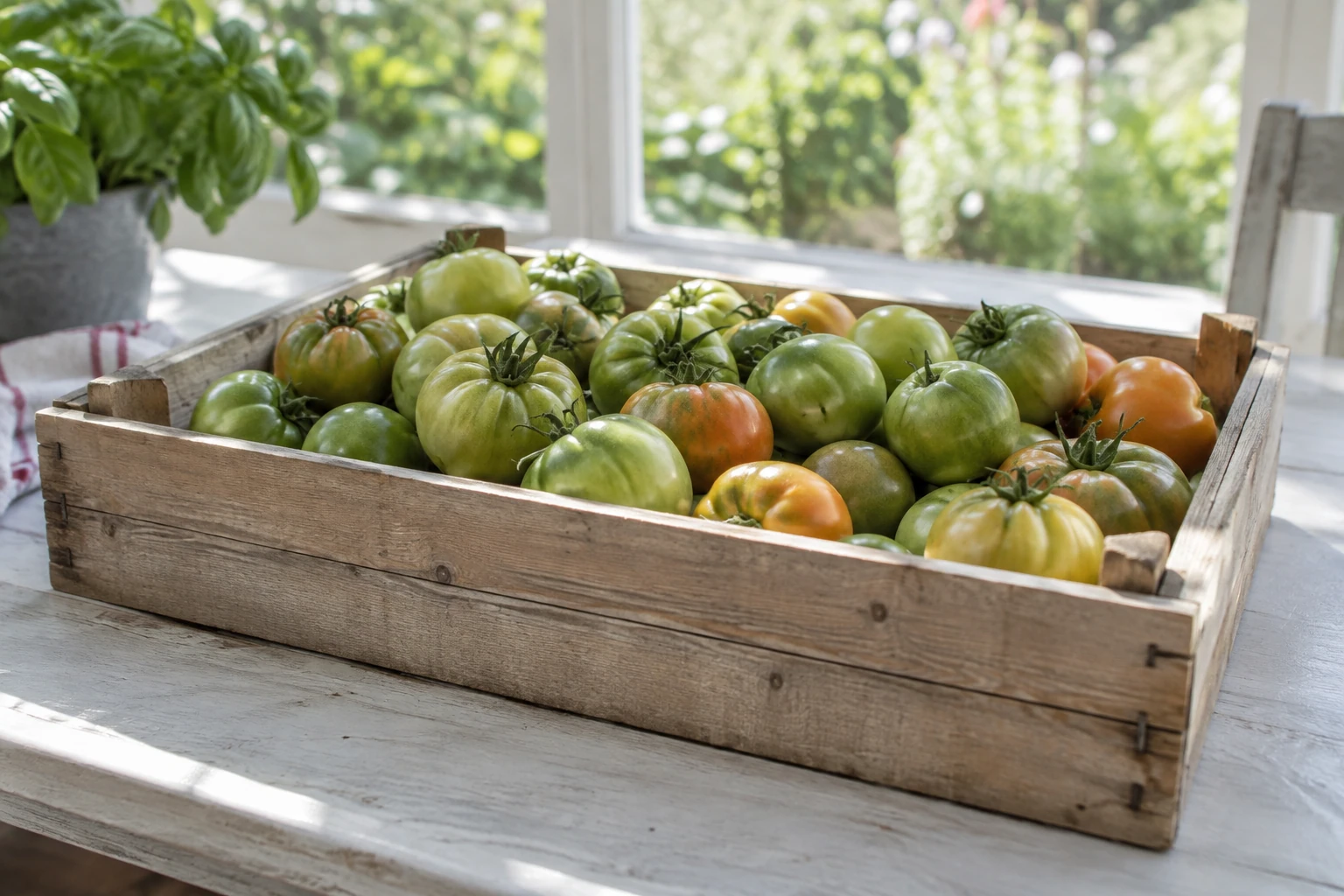 Holzkiste mit vielen grünen und leicht roten Tomaten auf Tisch vor Fenster