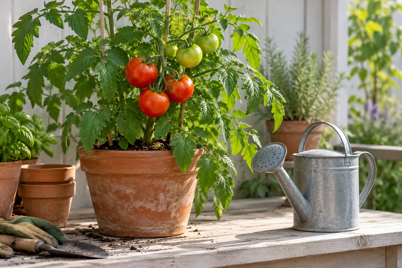 Tomatenpflanze im Terrakottatopf mit reifen Früchten und Gießkanne auf Holztisch